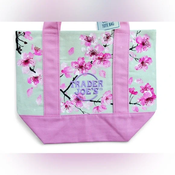 Hand Painted Trader Joe’s Mini Tote Pink Cherry Blossom - Picture 2 of 4